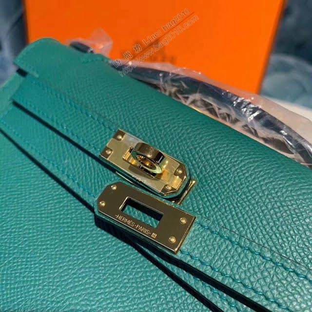 Hermes女包 愛馬仕Kelly pochette一代手包 原廠epsom皮 孔雀綠/金扣 手工蠟線 Hermes手提女包  am1729